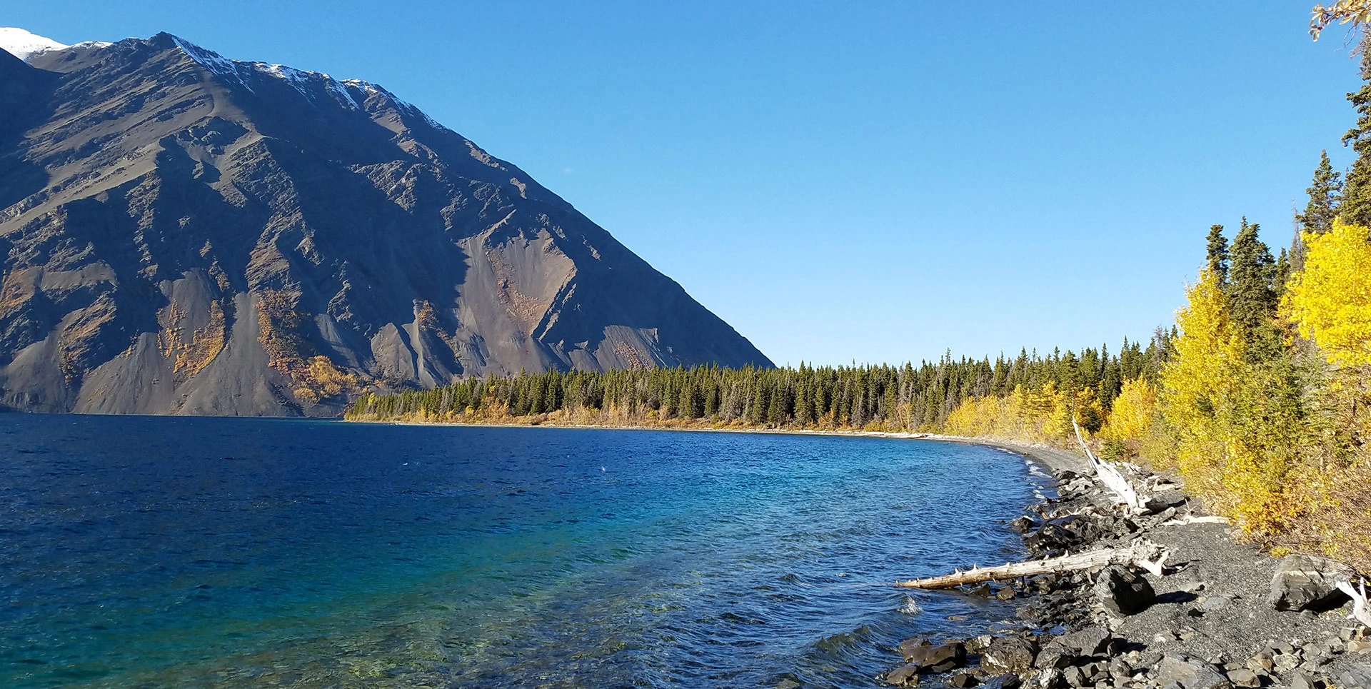 Rocky Lakeshore with Snow Capped Peaks