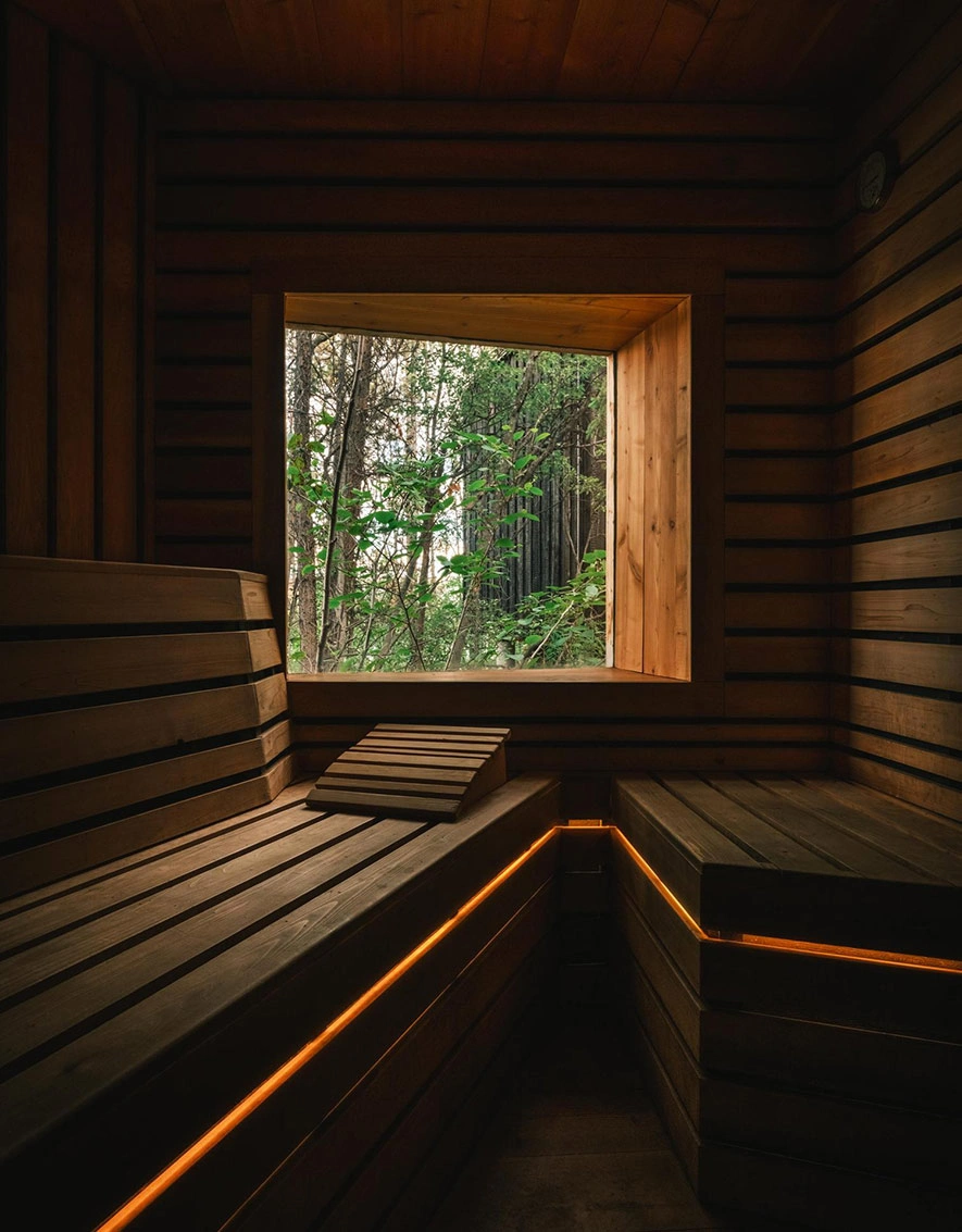Cedar Sauna Benches with Forest View